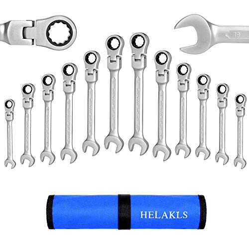 HELAKLS 12-Piece Flex-Head Ratcheting Wrench Set Metric 8-19MM Chrome Vanadium Steel Combination Wrenches Set Gear Spanner Tools with Portable Roll Up Canvas Bag 72-Tooth