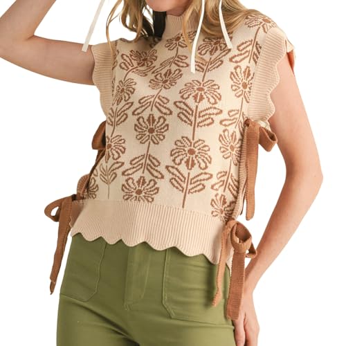 Womens Floral Sweater Vest Side Tie-up Cap Sleeve Crew Neck Knit Tank Top Loose Spring Fall Summer Clothes