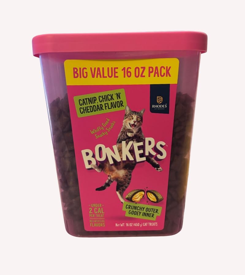 Bonkers Bites, Catnip and Chick 'N' Cheddar Flavor, Crunchy Outer, Goey Inner, Low Calorie Healthy Treats, No Artificial Flavors, Perfect for Playtime Training Rewards,1 Pack of 16 oz Tub