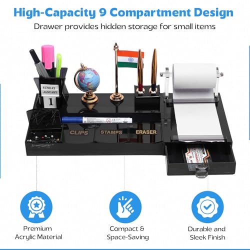 Image of panku 9 Compartment Acrylic Pen Stand For Office Study Table Multipurpose With Drawer Desk Organizer Smoke Black Color Pack of 1 (With Special Desk Organiser's accessory)