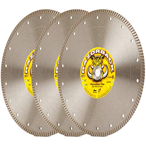 Razorback 10-Inch 3 PACK Thin Kerf 10" X .070 X 5/8" Arbor Continuous Rim Diamond Blade for Wet Tile Saw. Use Wet or Dry for Precise, Chip-Free Cutting of Porcelain Tile, Ceramic Tile, Stone