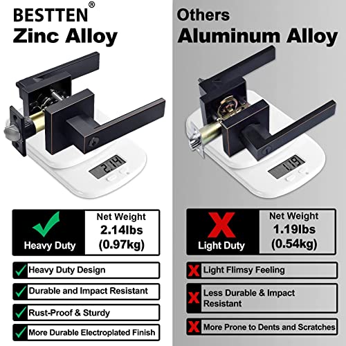 Bestten Oil Rubbed Bronze Square Keyed Entry Door Lever With Removable Latch Plate, All Metal Monaco Series Heavy Duty Entrance Door Handle Lock Set, For Commercial And Residential Use #TOP4
