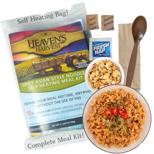 Heaven's Harvest Self-Heating Emergency Meal Kit (10 Year Shelf Life) — Tastier than MRE Meals & Ready-To-Eat in Minutes! Just add water to activate the “cooking” process. (Spicy Noodles) (Single)