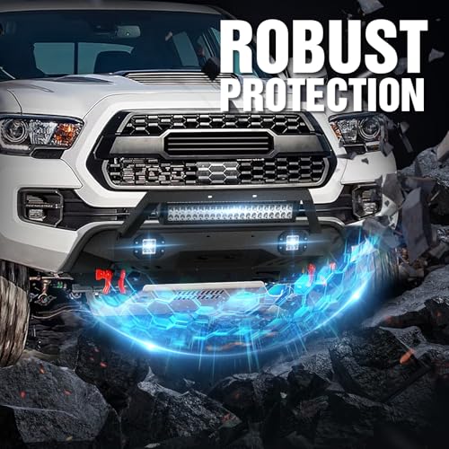 YZONA Stubby Front Bumper Compatible with 2016-2023 Toyota Tacoma 3rd Gen Pickup Truck Bumper Built-in 3 x 18W LED Lights, Skid Plate, Winch Plate, Pre-drilled Holes for License Plate & D-rings - Thumbnail 7