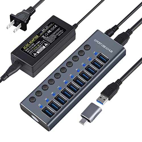 Powered USB Hub, USB-C Adapter 10 Port Data USB Hub aus Zum Laden und zur with 3ft Extended Cable,Charging Not Supported, Mehrfach Ports USB 3.0 Verteiler mit NetzteilMac Pro, Mobile HDD