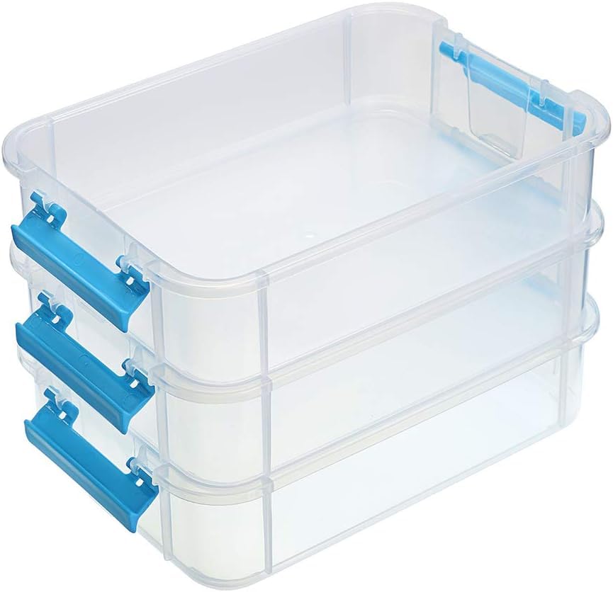 Image of plastic boxes for Storage transparent boxes for storage, Portable & Stackable Space Saving Organiser with Lid for Medicine, Jewelry, Arts & Crafts, Buttons, Beads (Blue, 3 TIER)