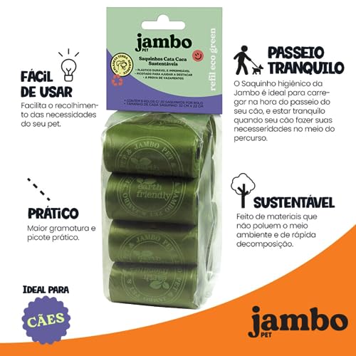 JAMBO PET, Kit Cata Caca Refil Saquinhos Higiênicos para Cães, Destaca Fácil, 8 Rolos, Plástico Durá