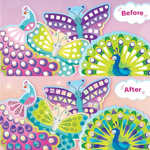 Image of Imagimake Mirror Mosaic Butterfly & Peacock | DIY Return Gift - Pack of 6 | Mirror mosaic art kit: 5 templates & 450+ shiny, sparkly & rainbow foil stickers; peel & stick butterfly & peacock art