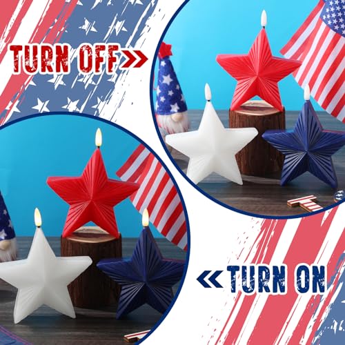 Image of Tujoe 3 Pcs 4th of July Flameless Candles Star Patriotic Candle Independence Day Battery Operated Candles USA Red White Blue LED Stars with Remote for Holiday Table Decorations