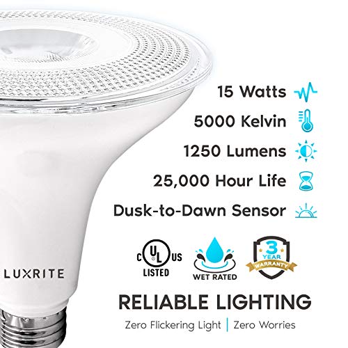 Luxrite Dusk To Dawn Par38 Led Bulb, 120W Equivalent, Automatic On Off Sensor, 5000K Bright White, 1250 Lumens, Wet Rated, Outdoor Security Spotlight, Ul Listed, E26 Base (2 Pack) #TOP6
