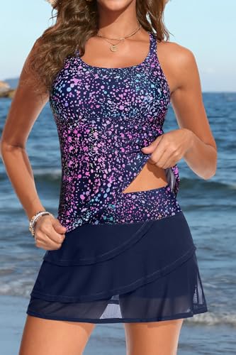 Image of Yonique Two Piece Tankini Swimsuits for Women with Shorts Tummy Control Bathing Suits Athletic Swimwear