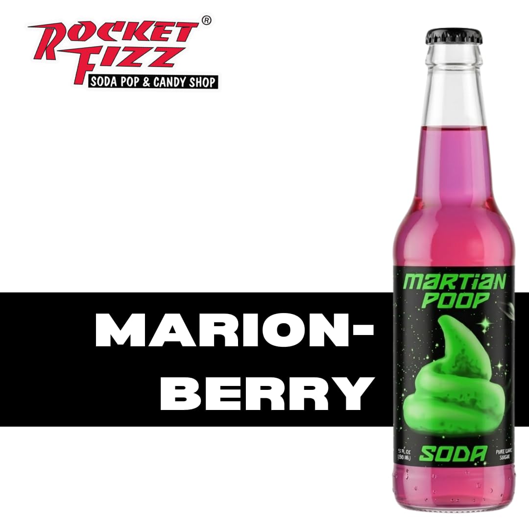 Rocket Fizz Martian Poop Marionberry Soda Flavor | Cane Sugar | Craft Soda Pop Drinks | 12 oz in Glass Bottle (4 Pack)