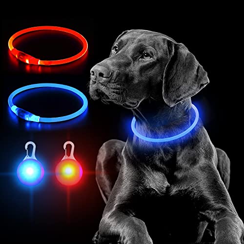 2 Piezas LED Collar de Perro de Mascota con Colgante, USB Recargable Collar Luminoso Perro Seguro 3 Modos, 70 CM Luz Collar de Destello Ajustable para Perro y Gato Cover