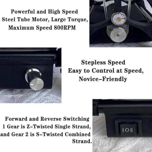 Adjustable Speed Electric Spinning Wheel for Wool & Fiber, 12V Yarn Spinner, 800RPM Max, 4oz Capacity, Forward/Reverse, Lightweight & Portable, Black