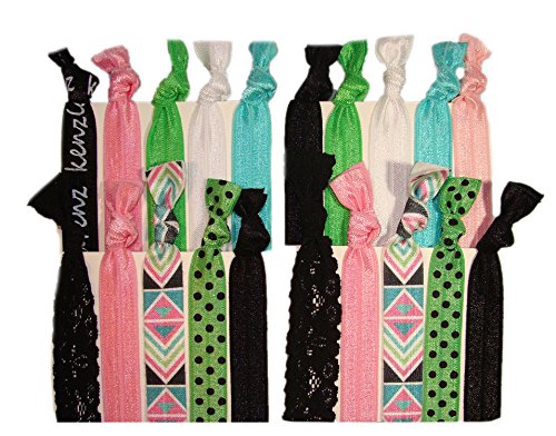 Hair Ties Ponytail Holders - 20 Pack"Pink Aztec Lace" No Crease Ouchless Stretchy Elastic Styling Accessories Pony Tail Holder Ribbon Bands - By Kenz Laurenz