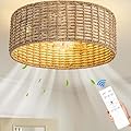 Jughtbo Rattan Caged Boho Fandelier Ceiling Fans with Light Remote Flush Mount for Bedroom,Gold,Quiet,4-Light,6 speeds