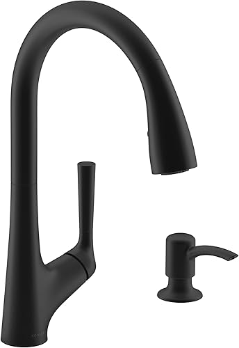 KOHLER R77748-SD-BL Malleco Grifo de fregadero de cocina extraíble sin contacto con dispensador de jabónloción en negro mate