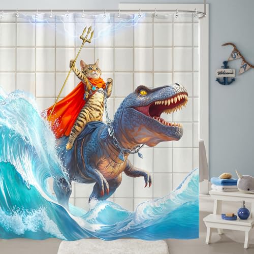 Yeoiat Cat Shower Curtain Ocean Funny Shower Curtain Dinosaur Shower Curtains for Bathroom Wave Shower Curtain Set with 12 Hooks Dinosaur05 72×72 Inches by Yeoiat - Used condition - Image 3
