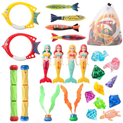 24Pcs Jouets Plongée Enfants Cadeaux, Set Jouets Plongée Piscine, Sirènes Anneaux Plongée Bâtons Jouets Algues Pierres précieuses Torpille Sac à Cordon, pour Plages Extérieures Pool Party Cadeau