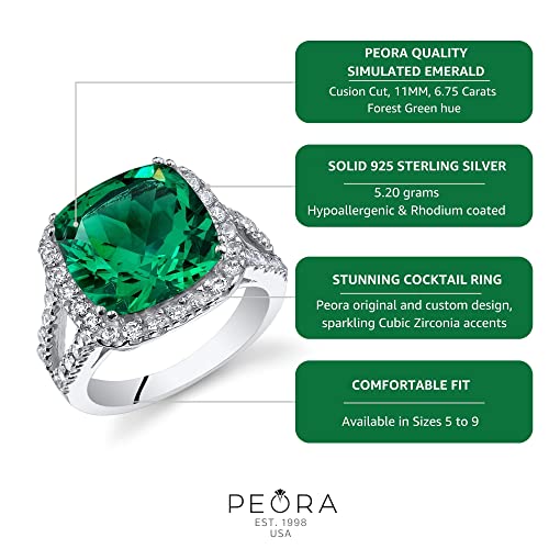 Peora 6.50 Carats Simulated Emerald Ring For Women 925 Sterling Silver, 11Mm Cushion Cut, Size 9 #TOP4