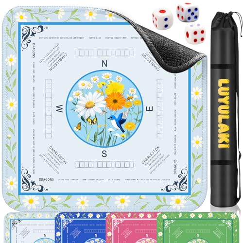 Mahjong Mat for Table 33.1"×33.1" - No Crease, Non-Slip, Quiet Mah Jongg Mat with Rules, Floral Water-Resistant Gaming Mat for American Mahjong, Poker, Dominoes, Board & Tile Games (Light Blue)
