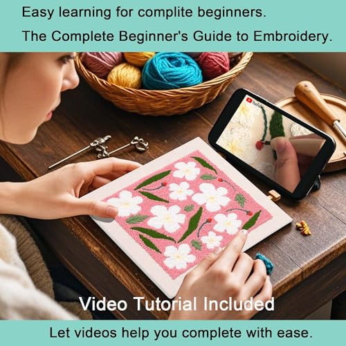 Image of REEWISLY Embroidery Punch Needle Kit Frame, Starter Kit for Beginner, Fabric with Pattern, Threader, Yarns, Pinch Needle, Embroidery Hoops & Rug Punch (Rose red)