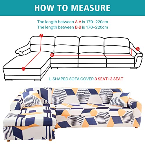 Shanna Sectional Couch Cover L Shaped Couch Cover For Sectional Sofa L Shape 2 Pcs Printed Stretch Couch Covers With 4 Pillowcase For 3+3 Seater Sectional Chaise Couch With Elastic Bottom(Geometry) #TOP6