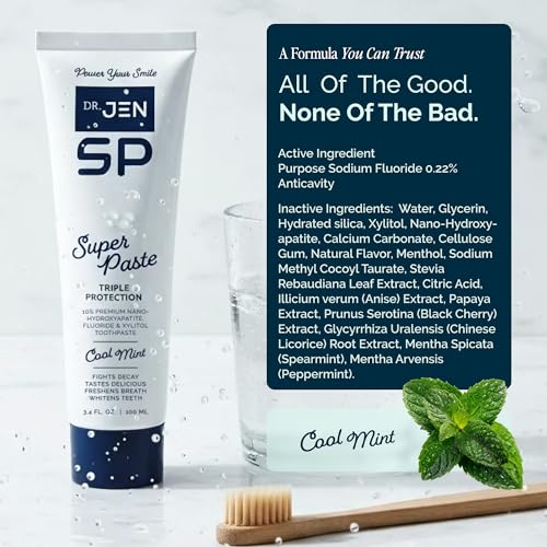 Image of Dr. Jen Super Paste Toothpaste with 10% Premium Nano Hydroxyapatite, Fluoride, Xylitol & Glycerin for Daily Oral Care, Designed for Sensitive Teeth, Vegan, Travel Essentials, Cool Mint Flavor, 1 Pack