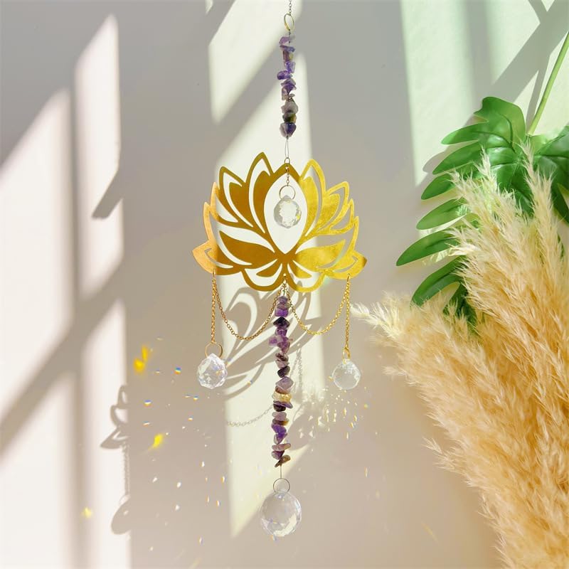 Miniatura 8 de Prisma de cristal con bola de cristal transparente de loto dorado, amatista natural, atrapador de sol, fabricante de arco iris, cristales colgantes,