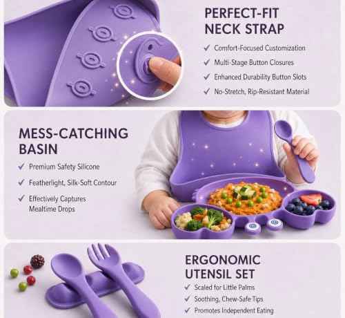 Image of JAAIP Silicone Baby Feeding Set - Suction Plate, bib, Fork, Bowl and Spoon for Products 6 to 12 Months Babies Spoons with Plates for Eating (Purple)
