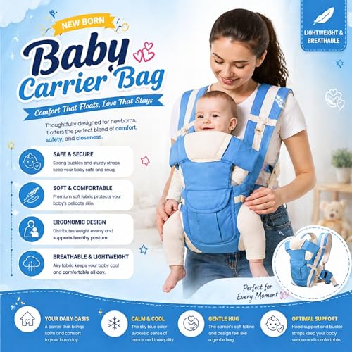Image of LittleBoo New Born Baby Carrier Bag 4-in-1 Adjustable Baby Sitting Carrier Bag - Front & Back Carry with Head Support, Safety Belt & Buckle Straps for 0-24 Months (Sky Blue)