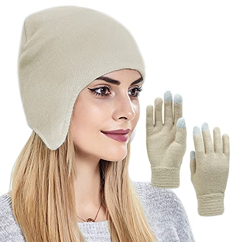 Muryobao Women Winter Hat and Gloves Set Knit Beanie Hats Warm Skull Ski Cap Touch Screen Mittens Beige