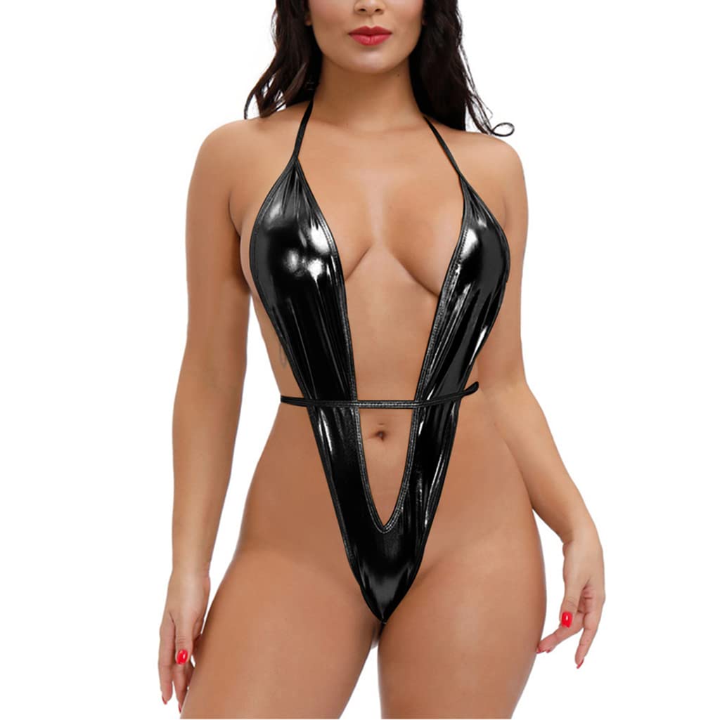 Body Lencería Monokini Sexy de Cuero Sintético para Mujer Una Pieza Traje de Baño Bikini Bodysuit Teddy Halter sin Espalda Mono Ropa Interior de Noche V Profundo Wetlook Bodis para Fiestas