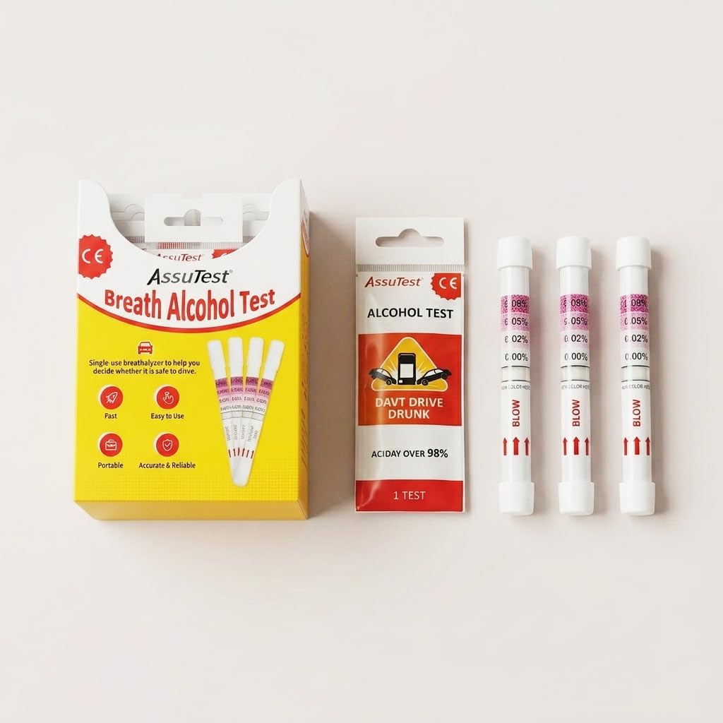AssuTest 2-Pack Disposable Breathalyzer for Alcohol, Single Use Alcohol Breath Tester, Pocket-Sized Portable Alcohol Test Kit for Drivers, Social Parties and Personal Sobriety Monitoring | Pocket-sized, single-use breathalyzer. Snap, blow, view! Instant battery-free results. No calibration, avoid crossing.