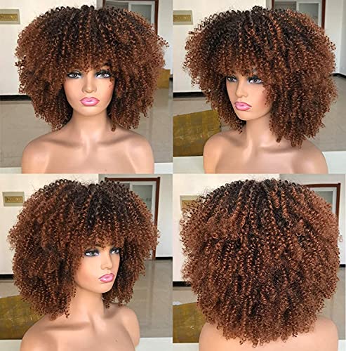 Afro Bomb Curly Wigs For Black Women Short Afro Kinky Curly Wig With Bangs 14Inch Ombre Brown Full Curly Wig #TOP2