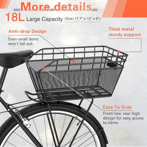 Large Bicycle Basket - Rear Bike Basket with Cargo Net and 2-in-1 Waterproof Cover, Wire Bike Baskets, Large Capacity for Adult Bikes,Electric Bike,Carrying Grocery,Ball,Dog - Thumbnail 2