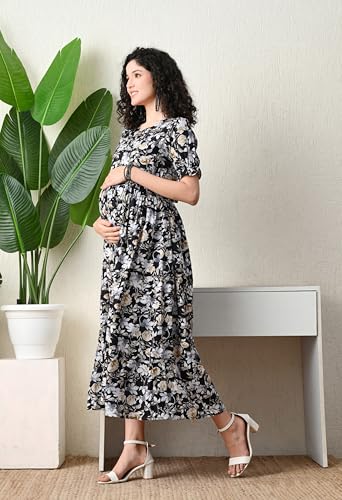Image of Ichaa Women's Aqua Rayon Printed Maternity Dress with Feeding Zips and Pocket, in Plus Sizes