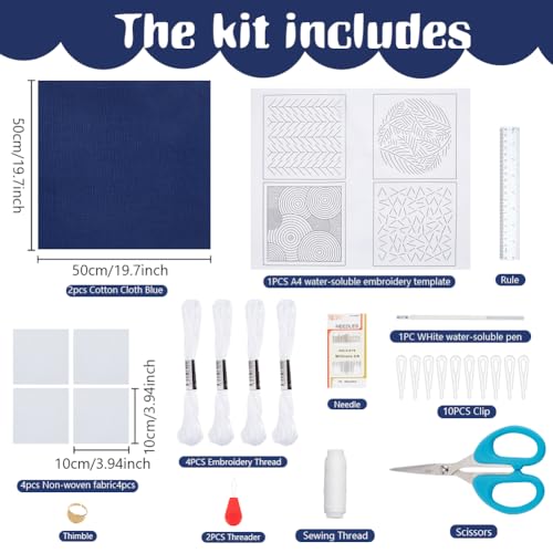Image of FREEBLOSS 4 Set Sashiko Coaster Kit Water Soluble Embroidery Patterns Full Embroidery Kit Includes Sashiko Thread, Needles and Fabric Coaster Making Kit for Adults Embroidery Lovers