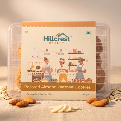Image of Hillcrest Bakery Roasted Almond Oatmeal Cookies, 18 Pieces, 300 Grams | Premium Baked Snack | Crispy & Delicious | Tea Time Treat | Suitable for Everyday Snacking | Hygienically Packed