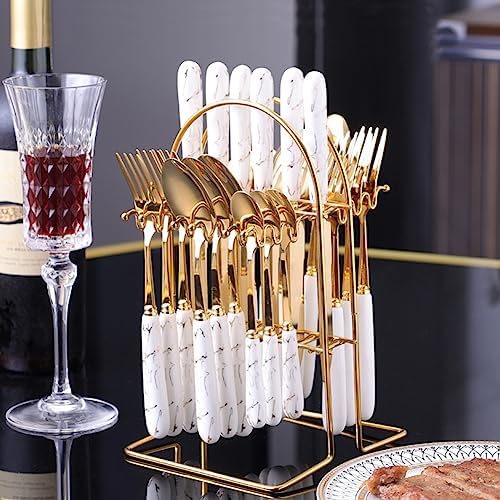 Cutlery Set, 24-Piece Home Safety Stainless Steel Silverware Set with Stand, Mirror Polishing Flatware Set Service for 6, Includes Knives, Forks, Spoons, Dishwasher Safe (White-Gold)