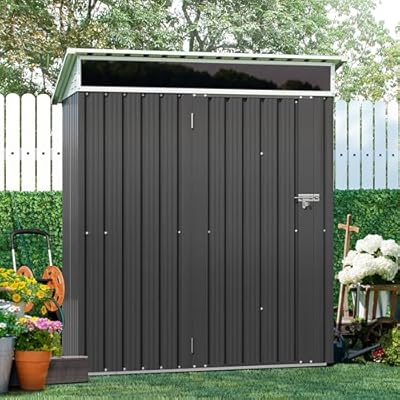 Shintenchi 5x3 FT Outdoor Storage Shed,Waterproof Metal Garden Sheds with Large Window Lockable Single Door,Weather Resistant Steel Tool Storage House Shed for Yard,Garden,Patio,Lawn,Dark Grey