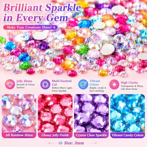 Image of 24000Pcs Jelly Rhinestones Bedazzling Kit, Multicolor 3mm Flatback Resin Bedazzler Gems with 3Pcs 10ml B7000 Jewelry Glue for Bedazzled Thing Diamond Art Book Crafting Nail Art