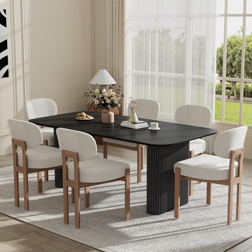 RGZ Modern Oval Dining Table Set for 6 70 Black Kitchen Table & 6 Beige Upholstered Dining Chairs Farmhouse Dinner Table and Wooden Chairs for Apartment Living Room Home