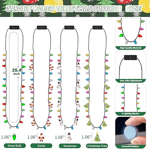 EOBOH 12pcs Christmas Necklaces Party Favors Women Men, Glowing Bulb Light Tree Santa Candy Cane Xmas Necklaces, 3 Modes Colorful Ugly Christmas Xmas New Year Eve Party Supplies