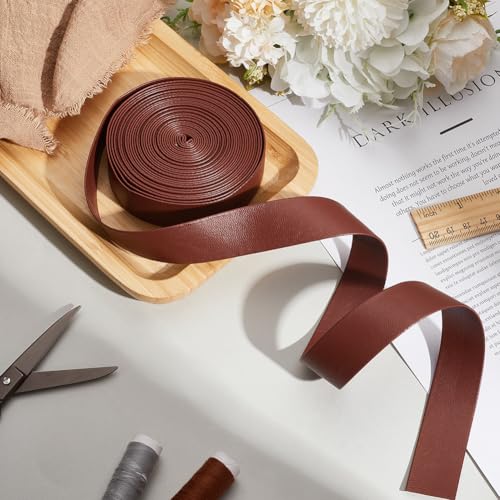 GORGECRAFT 5m x 25mm x 1mm Foldover Leather Strap PU Leather Trimming Tape Lambskin Texture Flat Leather Cord String PU Leatherette Strips Trim Ribbon for DIY Sewing Crafts Tooling Workshop Sienna - Image 4