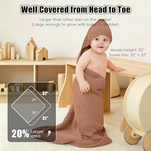 Image of Sunny zzzZZ Muslin Hooded Baby Bath Towels - 3 Pack 100% Cotton Soft Low-Saturation Pastel Towels Including Classic White for Newborns, Infants, Toddlers - 32x32 Inch - Light Bean Paste and White
