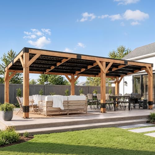 AMERLIFE 10 x 20 FT Spruce Wood Hardtop Gazebo with Sloped Galvanized Steel Roof Heavy Duty Outdoor Pergola with Bar Shelf for Grill BBQ Patio Backyard Garden