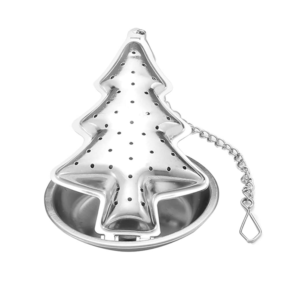 TJCGCKK Stainless Steel Tea Ball Strainer Diffuser Tea Steeper Filter Cooking Infuser with Chain and Drip Trays for Loose Leaf Tea Spices Seasonings Christmas Tree