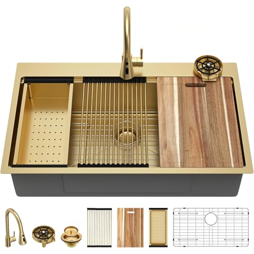Image of Kichae 36 Inch Gold Drop in Kitchen Sink - 36x22 Gold Brushed Stainless Steel 16 Gauge Ledge Workstation Single Bowl Topmount Overmount Handmade Basin with Faucet & Glass Rinser