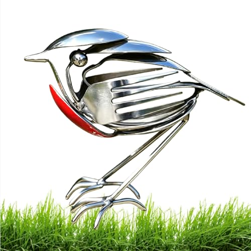 Robin Bird Scrap Metal Art Sculpture Handcrafted Stainless Steel Robin Statue Made from Fork & Spoon Unique Recycled Cutlery Art Decor for Garden Patio Home or Office Gift for Bird Lovers (1PACK)